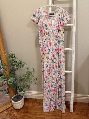 GAP Cream Floral Lace-Trim Maxi Dress with Pink & Blue Blossoms